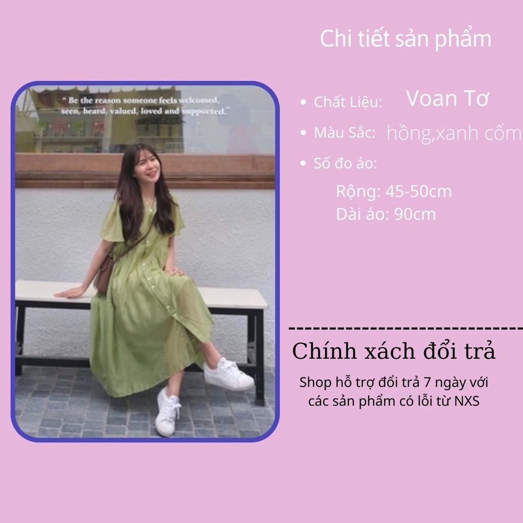 Váy đầm nữ cộc tay babydoll voan tơ xòe kèm váy 2 dây lót dáng sơ mi freesize Ylydress hồng xanh cốm maxi đi biển C962