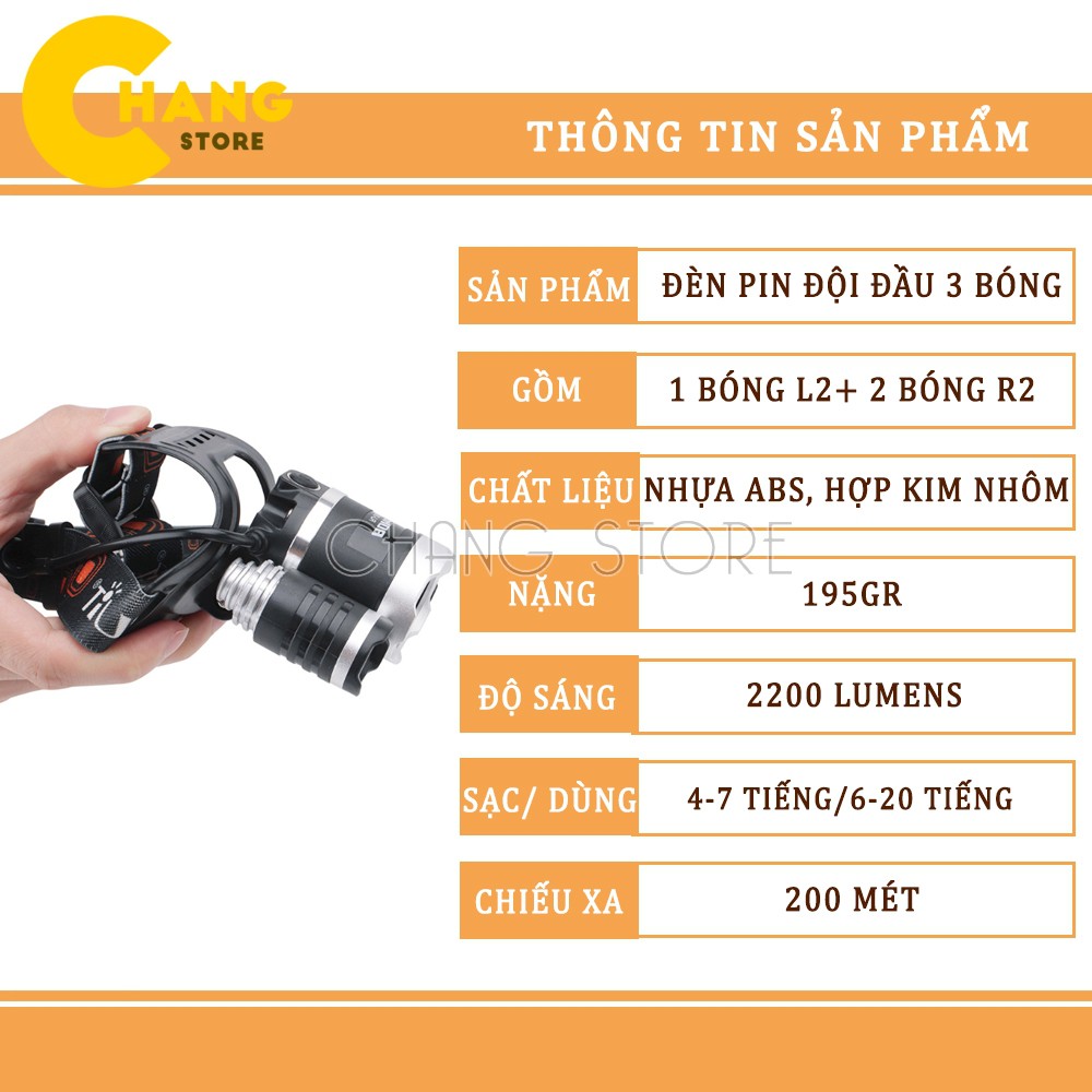  Đèn Pin Đội Đầu Siêu Sáng 3 Bóng Pin Sạc