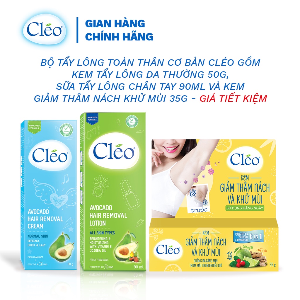 Bộ Tẩy lông toàn thân Cleo gồm kem tẩy lông da thường 50g, lotion tẩy lông 90ml và kem giảm thâm nách, khử mùi 35g