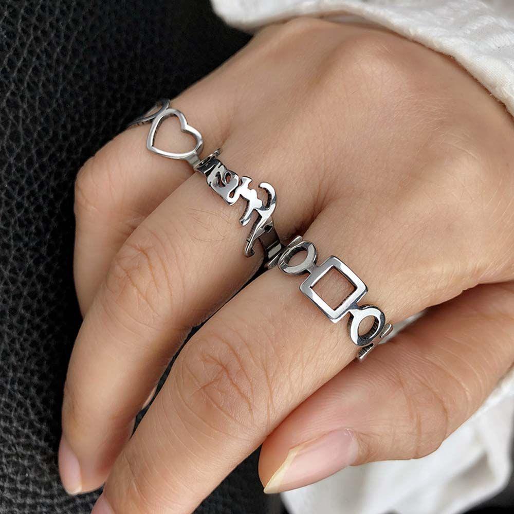 Bộ Nhẫn Họa Tiết Hình Học / Trái Tim Khắc Chữ Phong Cách Hàn Quốc Cá Tính