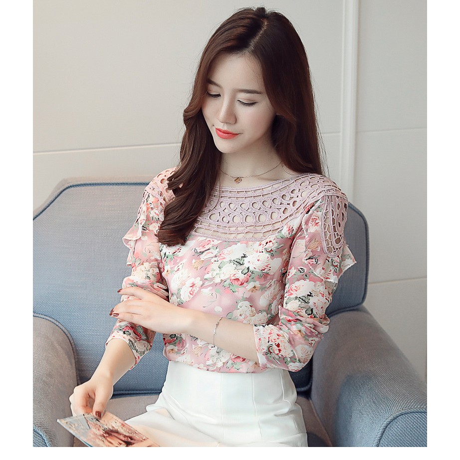 Sơ mi voan thun hoa phối ren cổ💎💎💎