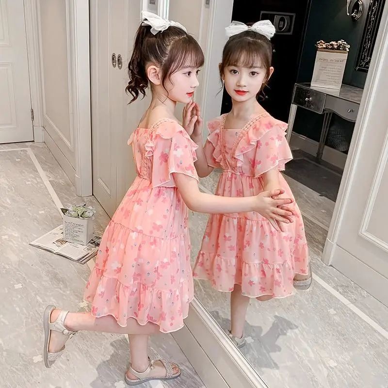 Đầm công chúa vải chiffon tay ngắn in hoa thời trang mùa hè 2021 cho bé gái