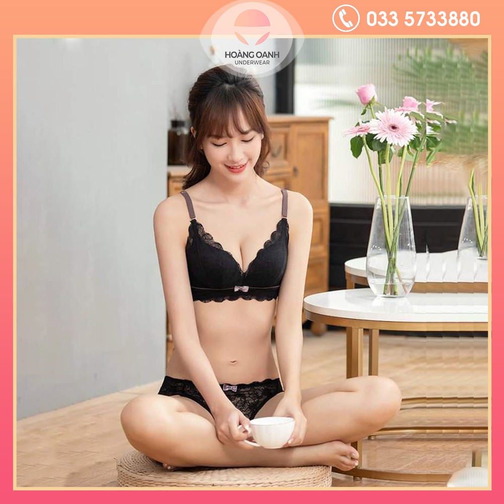 Set nội y ren cao cấp Hoàng Underwear, bộ đồ lót mút mỏng ren nơ không gọng - 133
