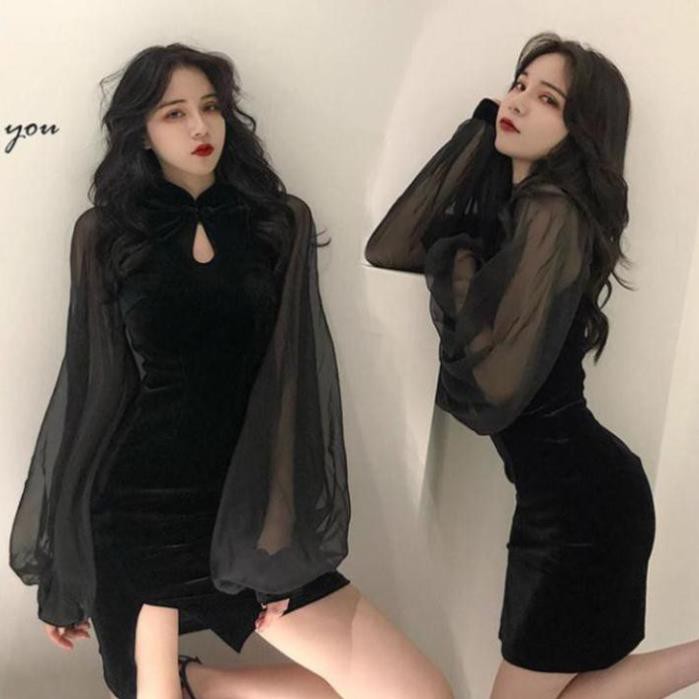 Váy sườn xám tay dài cổ đứng eo cao thiết kế hở lưng thời trang dành cho nữ | BigBuy360 - bigbuy360.vn