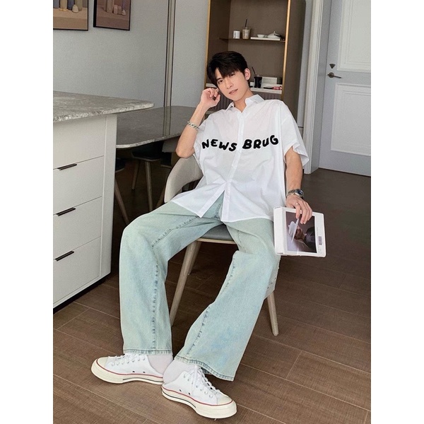 Jeans ống rộng baggy nam nữ phối ngọc trai