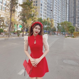 Đầm cổ tàu nút ngọc phối voan dáng chữ a