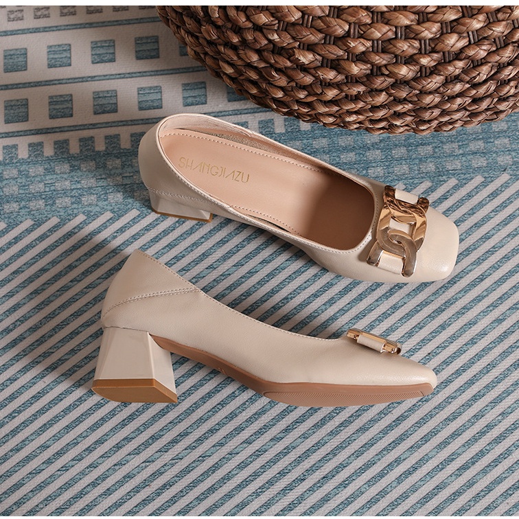 Giày Cao Gót Mũi Vuông Đế Dày Phối Khóa Kim Loại Phong Cách Hàn Quốc Size 32 33 34
