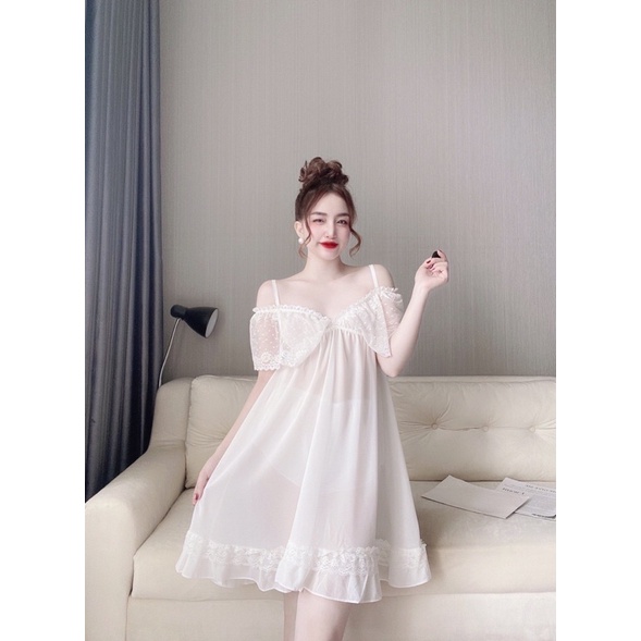 Váy ngủ chiffon bẹt vai + quần &lt; 70kg