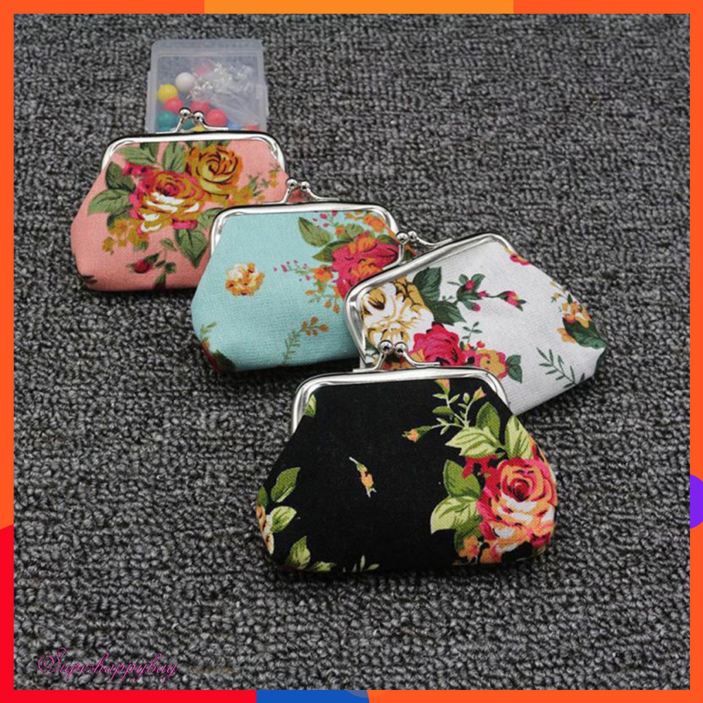Ví clutch cầm tay khóa kim loại đựng tiền xu in hoa hồng cho phái nữ