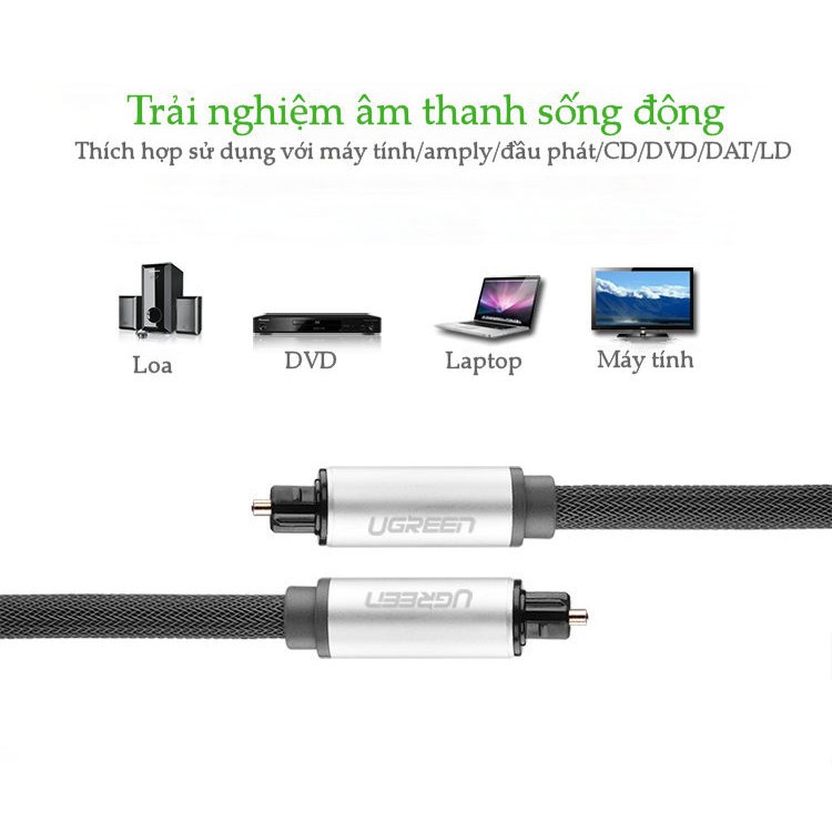 Cáp Audio Quang (Toslink, Optical) Dài 1,5M Ugreen 10542 vỏ nhôm - Hàng cao cấp Chính Hãng bảo hành 18 tháng