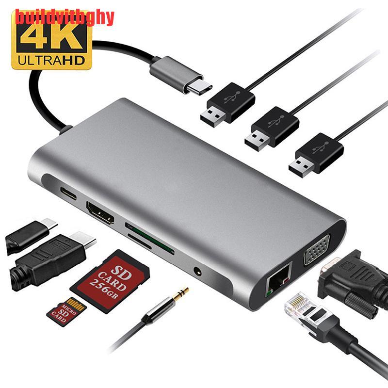 (Mua-C) Dock Chuyển Đổi 10 Trong 1 Usb Hub Type-C Sang Usb3.0X3 + Hdmi + Tf + Rj45 + Pd + 3.5mm + Vga