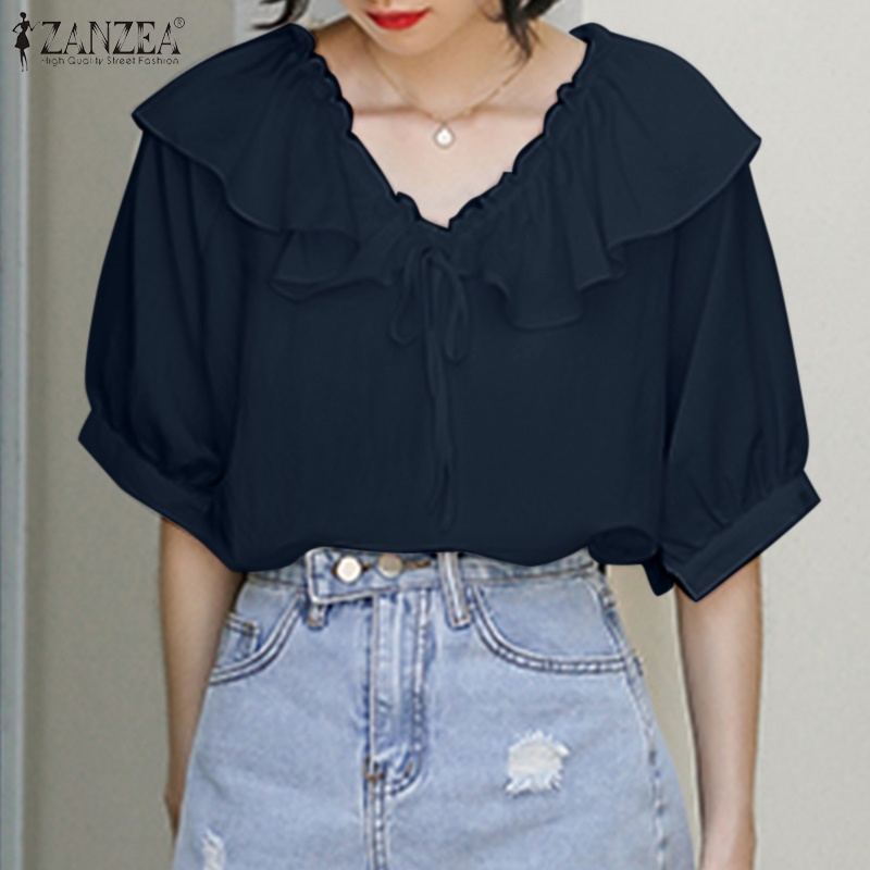 Áo Kiểu Cổ Chữ V Tay Lỡ Phối Bèo Thời Trang Cho Nữ ZANZEA