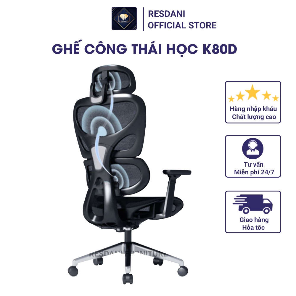 [LIFEMC1510A giảm 12% đơn 150K] Ghế Công Thái Học Resdani Thiết Kế Bảo Vệ Cột Sống Cao Cấp K80D