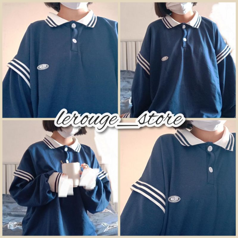 (ORDER) Áo sweater polo form rộng oversize viền sọc kiểu chất nỉ da cá nam nữ unisex phong cách old school (ảnh thật ) | BigBuy360 - bigbuy360.vn