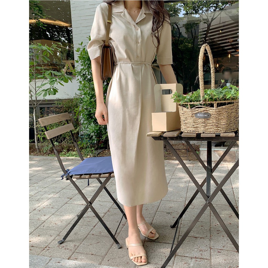 Váy Midi ngắn tay Màu trơn Phong Cách Hàn Quốc 43940