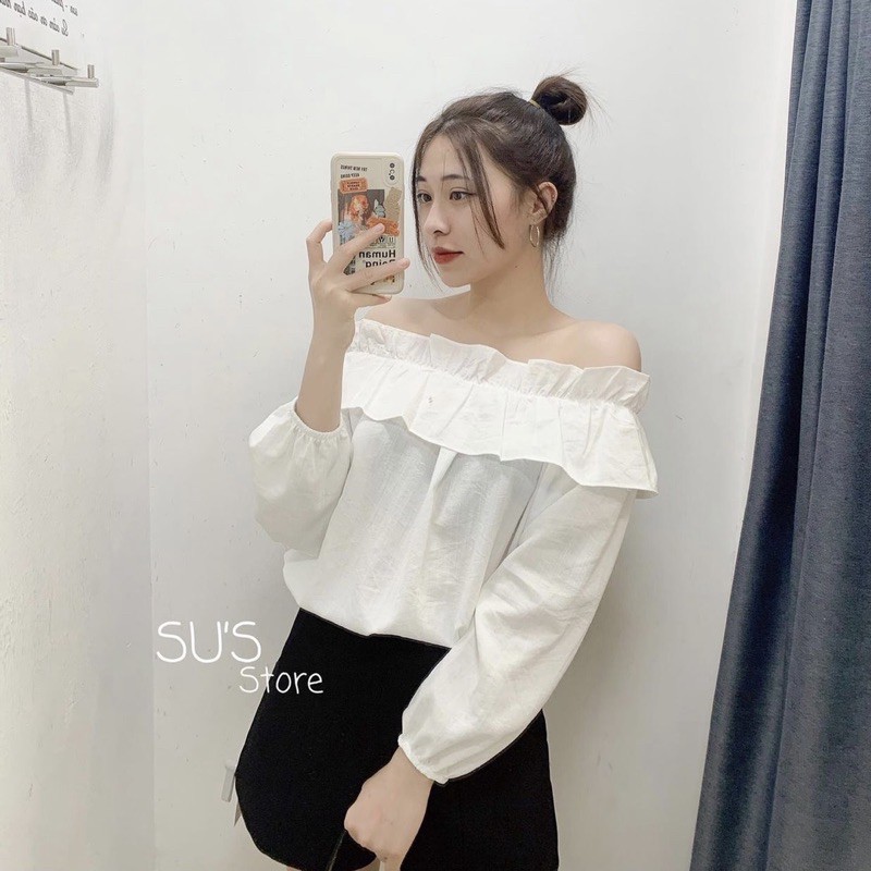 Áo trễ vai xếp bèo dáng suông chất đũi mát ba màu trắng đen xanh | BigBuy360 - bigbuy360.vn