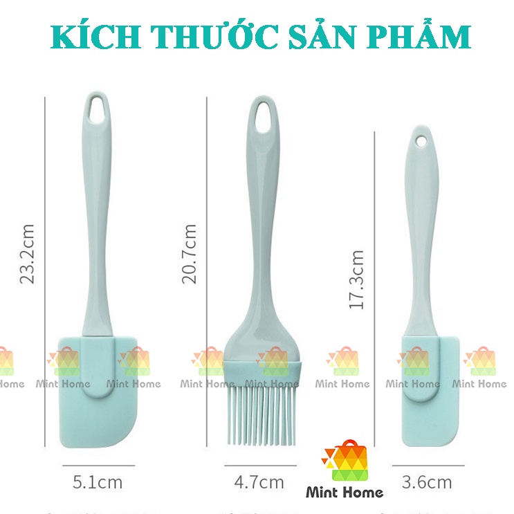 Bộ dụng cụ làm bánh 3 món silicon gồm chổi cọ quét dầu ăn, spatula trộn bột, phới dẹt silicone đánh trứng kem chịu nhiệt