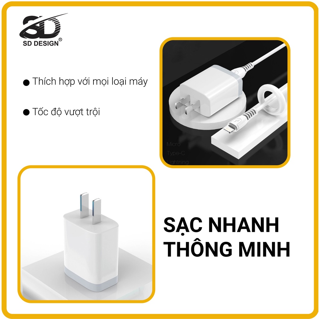 Bộ Củ + cáp sạc SD DESIGN C66 chính hãng sạc nhanh an toàn cho mọi loại điện thoại