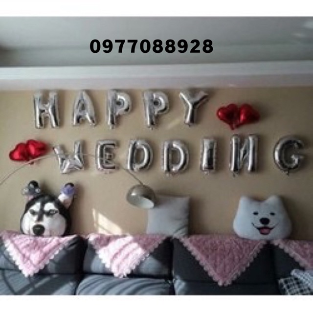 Combo Bóng Chữ Happy Wedding + 4 Bóng Trái Tim