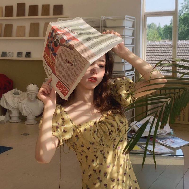 Đầm Nữ Ngắn Tay Cổ Vuông In Hoa Thời Trang Hàn