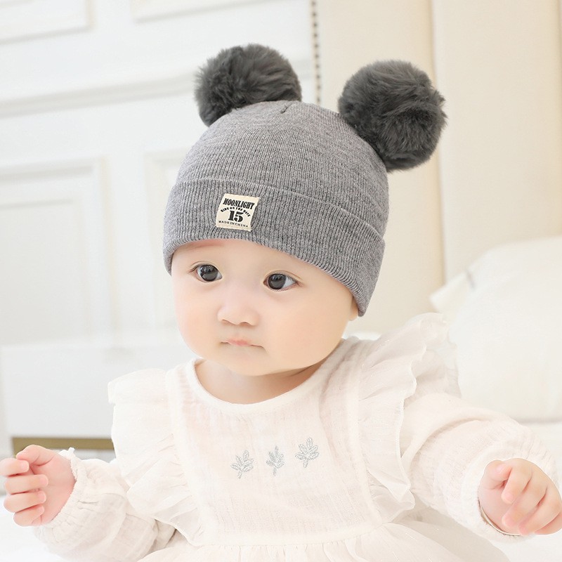 Mũ len mịn 2 quả bông siêu cute M011-đỏ cho bé trai gái 6m-24m hàng QC L1