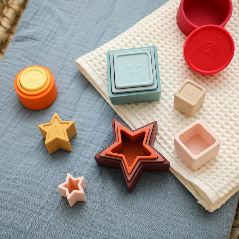 Bộ Đồ Chơi Xếp Chồng Silicon Mềm, nhận biết hình học theo phương pháp Montessori