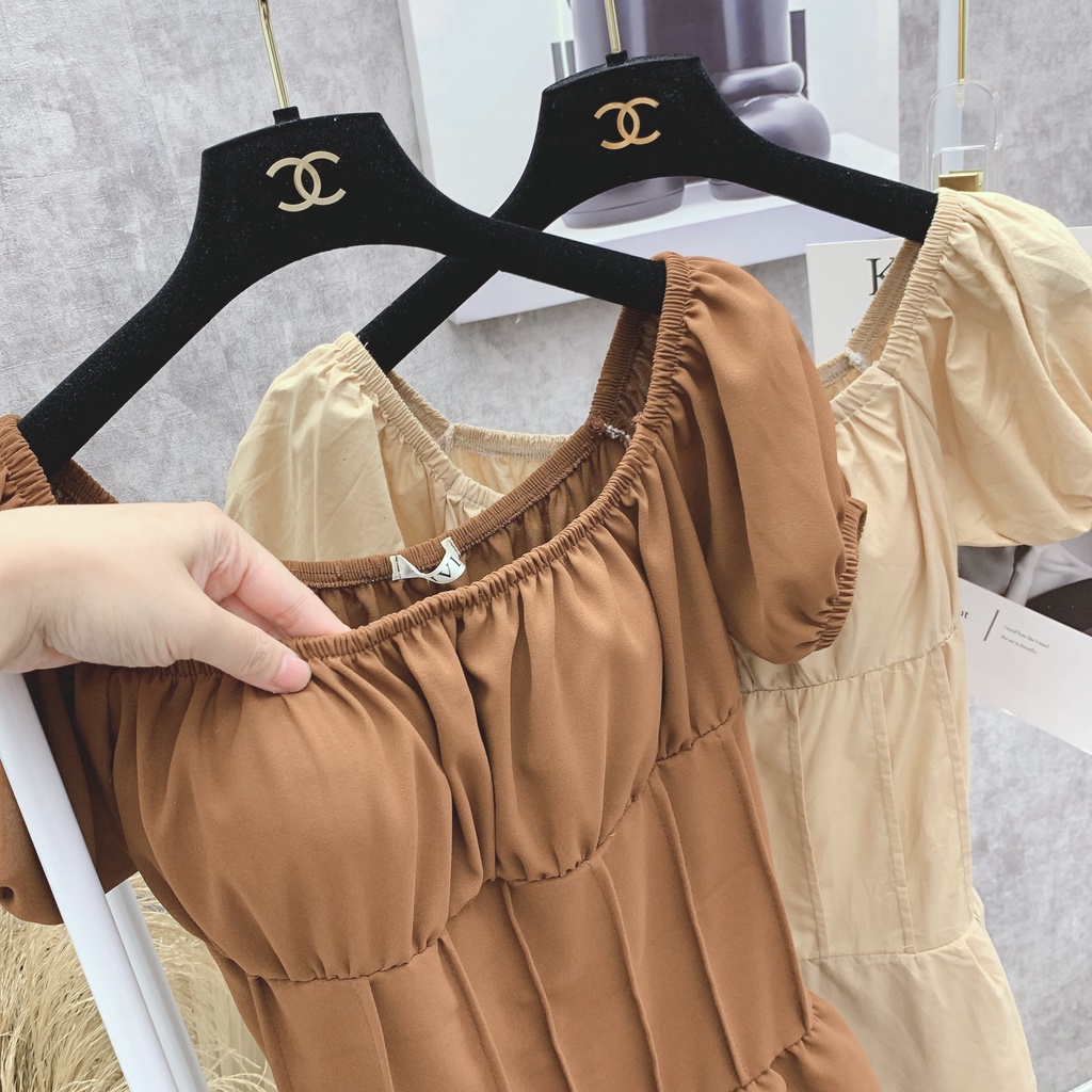 Jum trễ vai tay bồng nhún eo có đệm ngực xòe tầng tiểu thư xinh xắn NN580