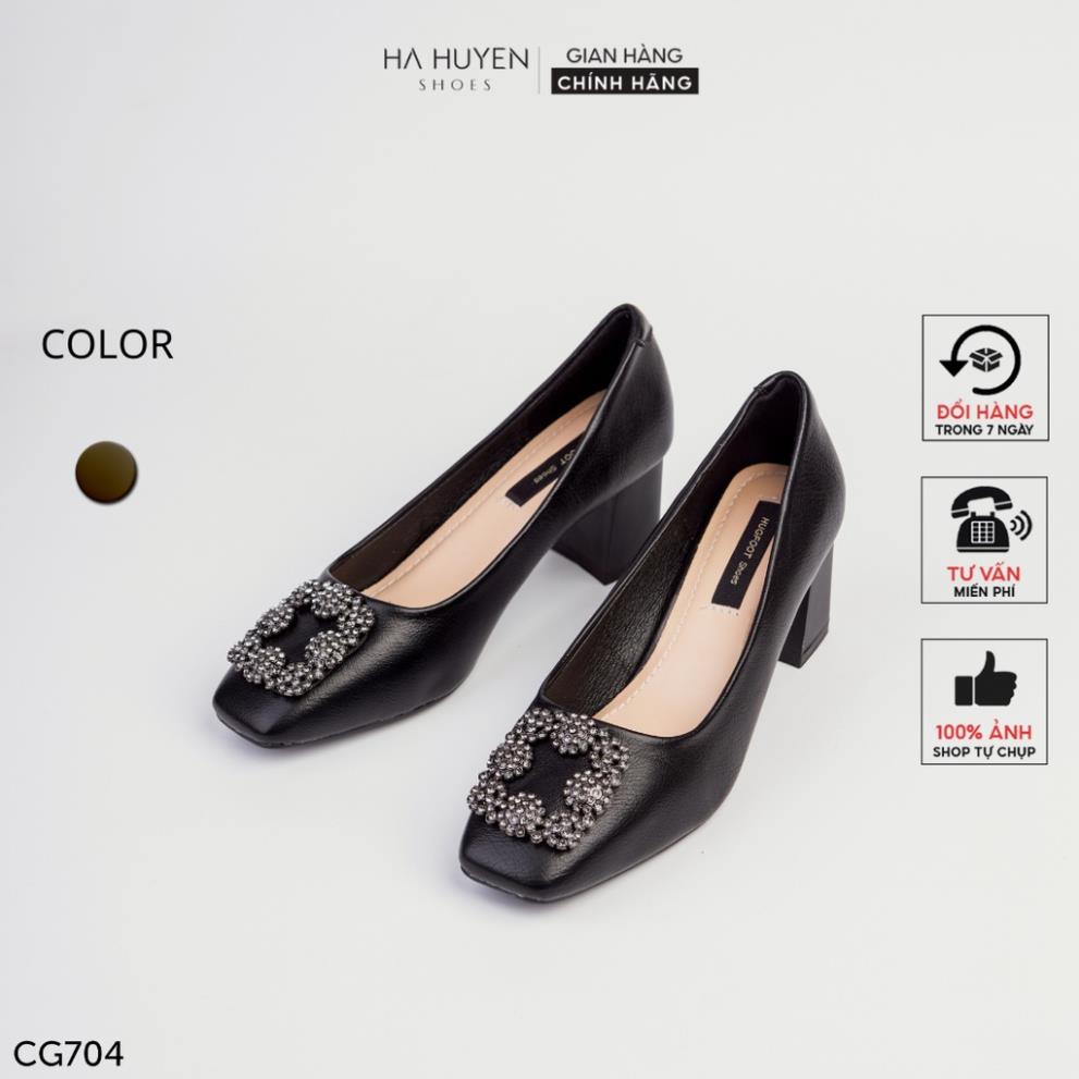 Giày cao gót mũi vuông Hà Huyền Shoes gót vuông 5 phân da lì đính đá sang trọng - CG704 >