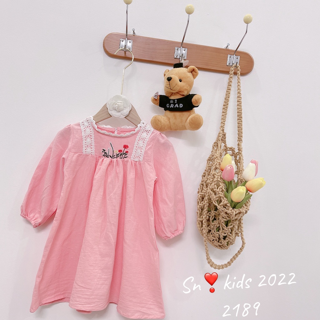 Đầm babydoll cho bé gái, váy babydoll vải đũi cara cổ thêu hoa xịn xò cho bé