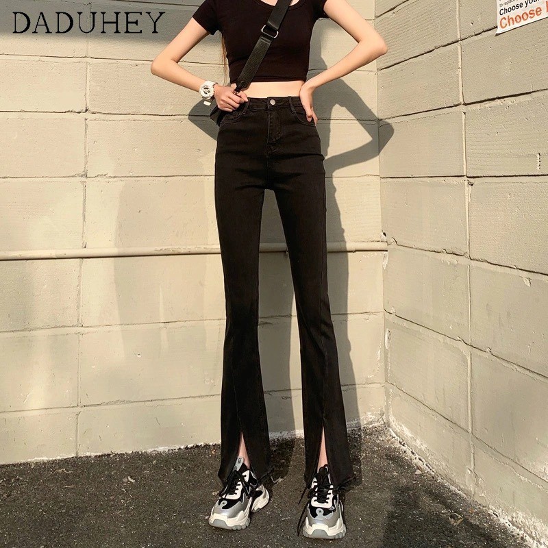 Daduhey Quần jean dài ống loe lưng cao màu đen phong cách Hàn Quốc thời trang mùa hè dành cho nữ 2021