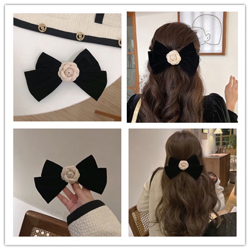Kẹp Tóc Nơ Vải Nhung Màu Đen Phong Cách Vintage Thanh Lịch Dành Cho Nữ