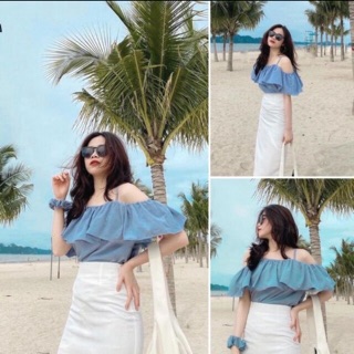 Sét bộ áo 2 dây xanh - Sét đi biển áo trễ vai hàng đẹp