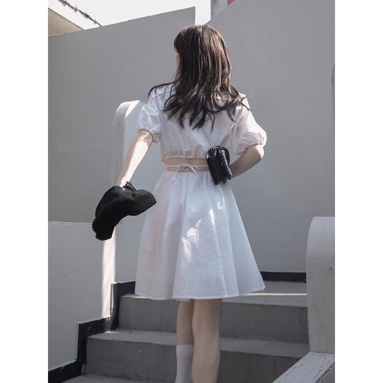 Váy Sơ Mi Trắng Thắt Eo HỞ LƯNG Đầm Suông Babydoll Cộc Tay Vintage Ulzzang Hàn Quốc - VIETCEN