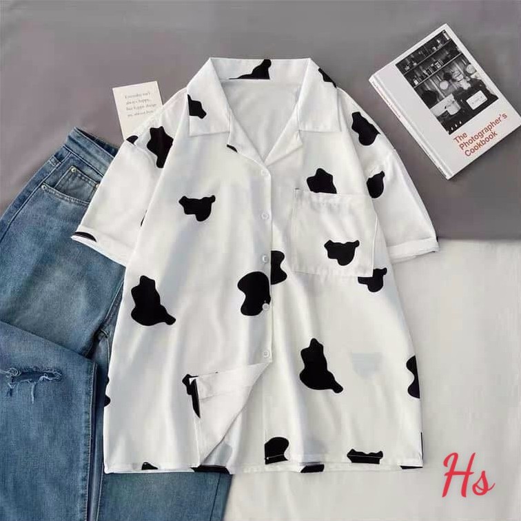 ÁO SƠ MI LOANG BÒ SỮA FORM RỘNG UNISEX - SƠ MI CỘC TAY LỠ HỌA TIẾT BÒ SỮA CÁ TÍNH