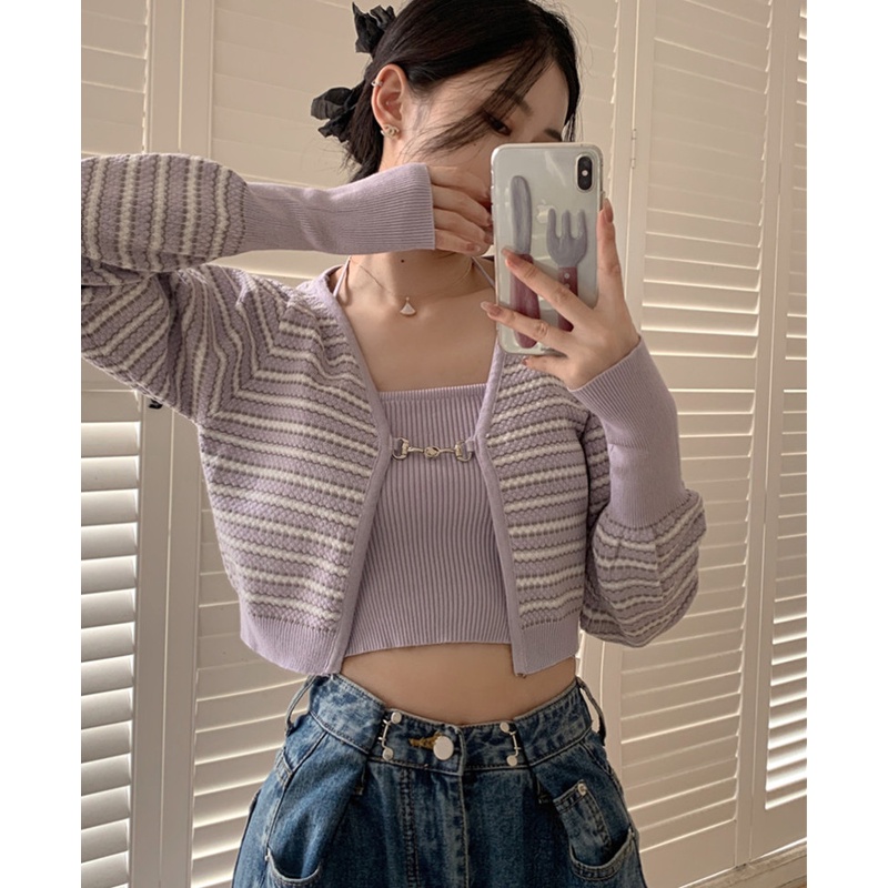 Set Áo Khoác Cardigan Họa Tiết Kẻ Sọc Và Áo Hai Dây Thời Trang Cho Nữ