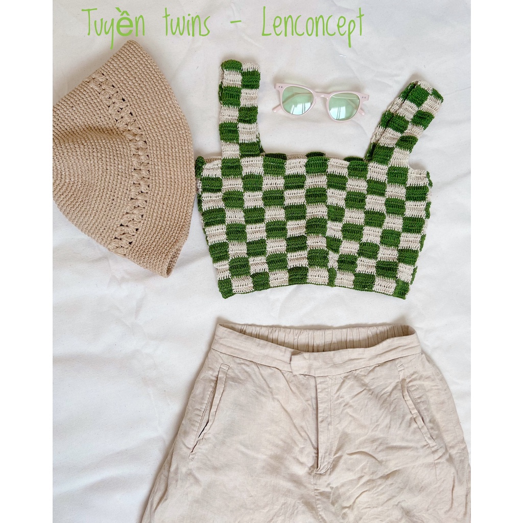 Áo len croptop hai dây  - handmade HỌA TIẾT CARO SIÊU HOT