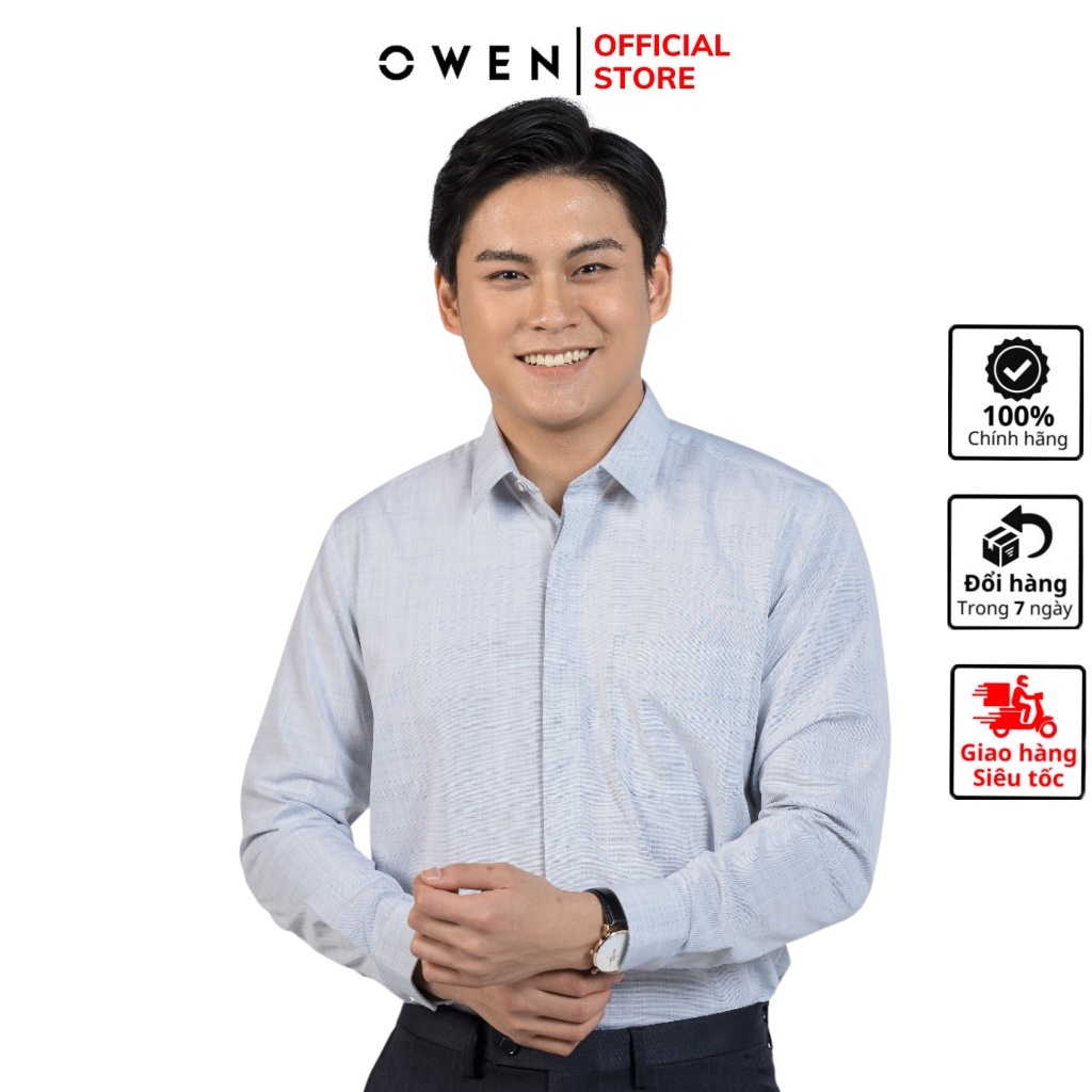 Áo sơ mi nam dài tay OWEN AR220021DT somi công sở vải sợi tre cao cấp màu xanh ghi sớ ngang dáng suông tà lượn có túi