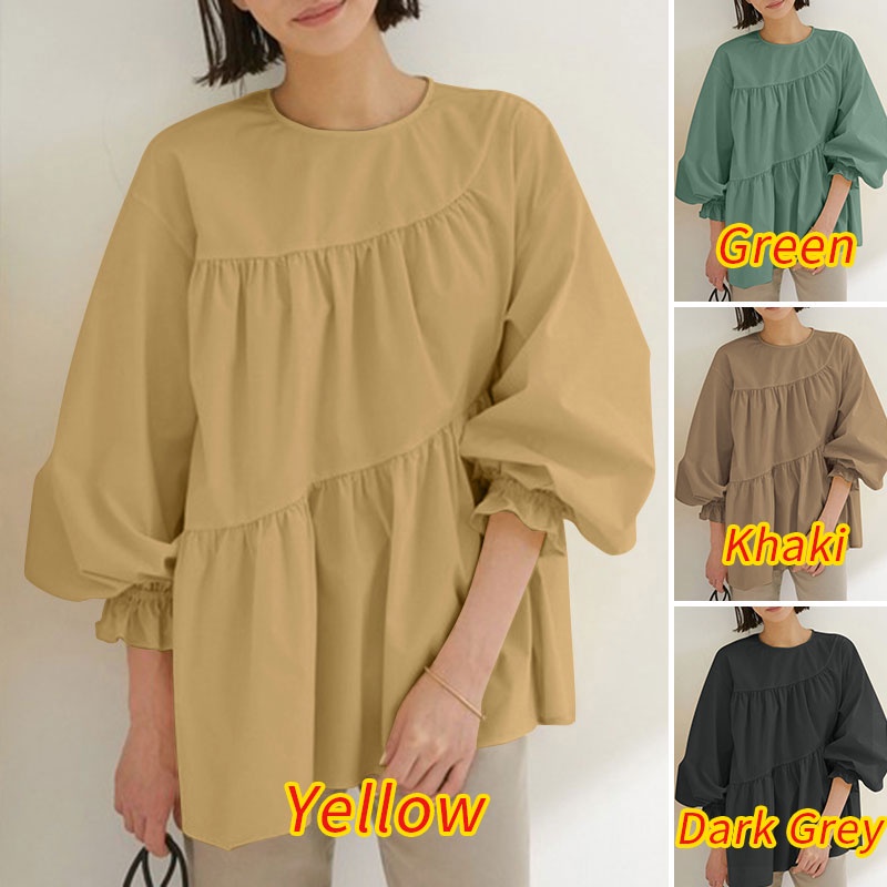 Áo kiểu Zanzea tay phồng dài cổ tròn màu trơn thời trang cho nữ