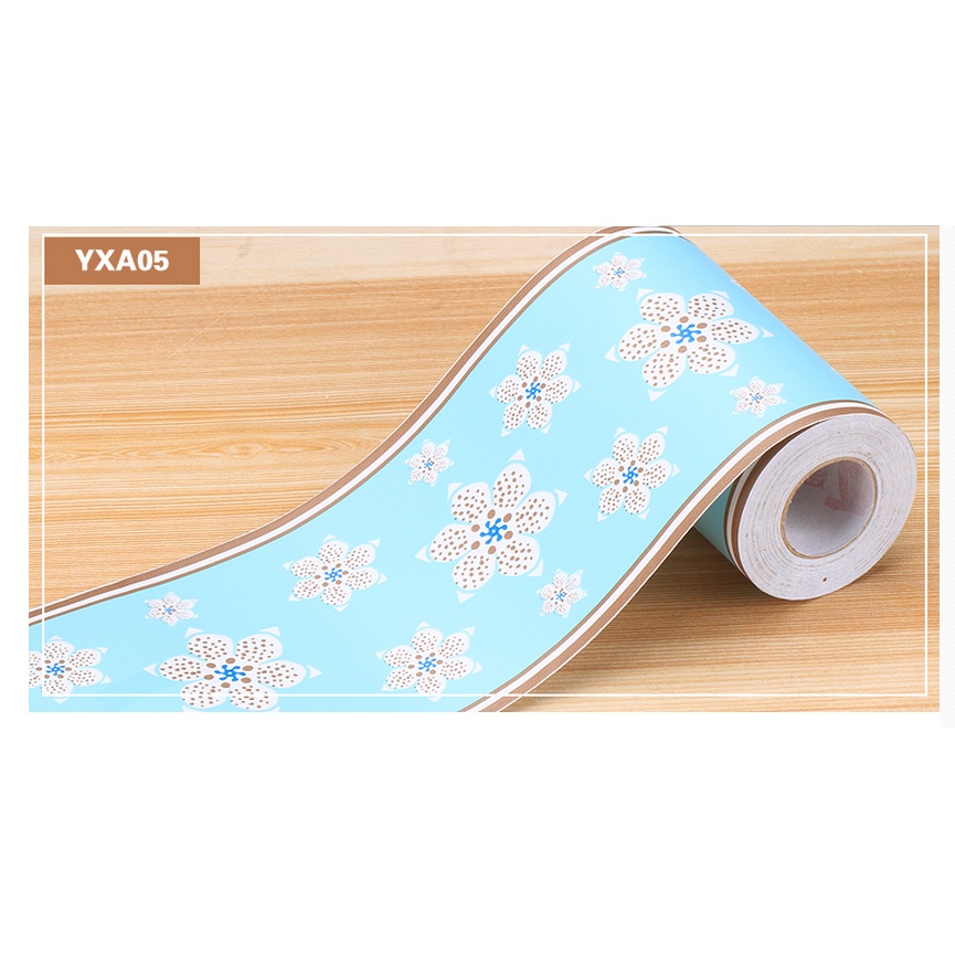 Decal dán viền 10cm x 10cm Đường viền dán chân tường -hoa 6 cánh nền xanh trời