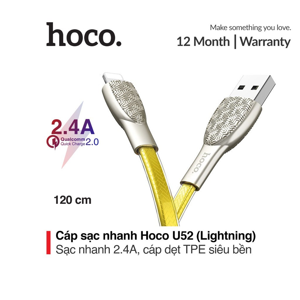 Cáp sạc nhanh 2.4A Hoco U52 Lightning dây dẹt TPE siêu bền hỗ trợ truyền dữ liệu nhanh chóng dài 1.2M cho iPhone/iPad