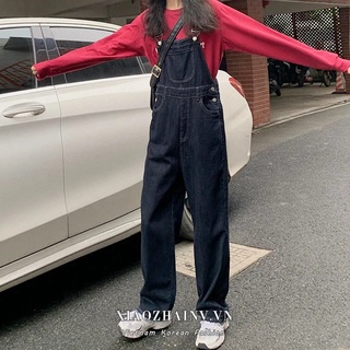 Quần Yếm Denim Ống Rộng Lưng Cao Màu Đen Phong Cách Retro Cho Nữ