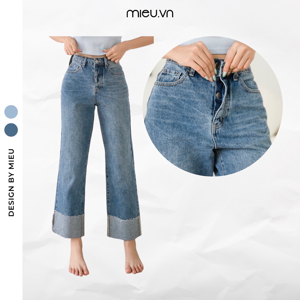 Quần jean nữ suông ống rộng gập lai chất dày dặn MIEU - HN08
