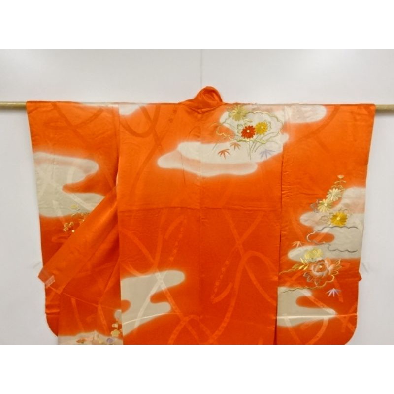 Antique Furisode Kimono Nhật Bản - Floral Plants and Mist embroidery - Hoa văn cây hoa và sương