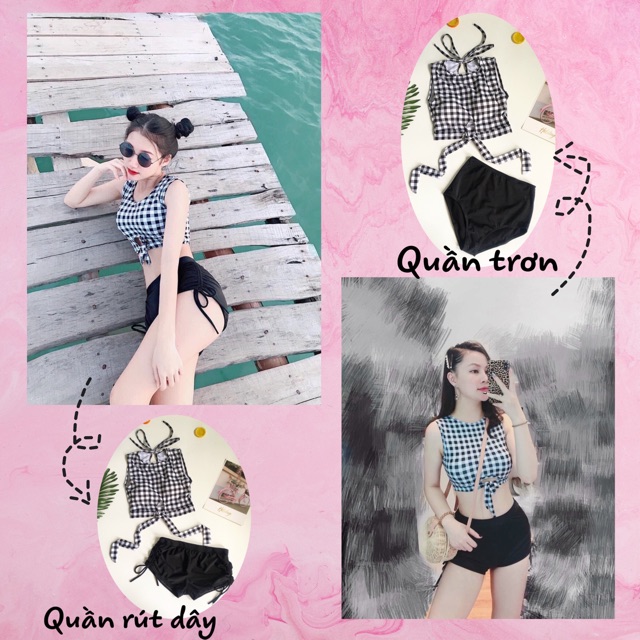 Set bikini caro nơ phối quần đùi kín đáo