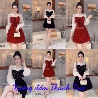 Đầm xoè nơ ngực tay dài bo phồng m/l/xl/2xl