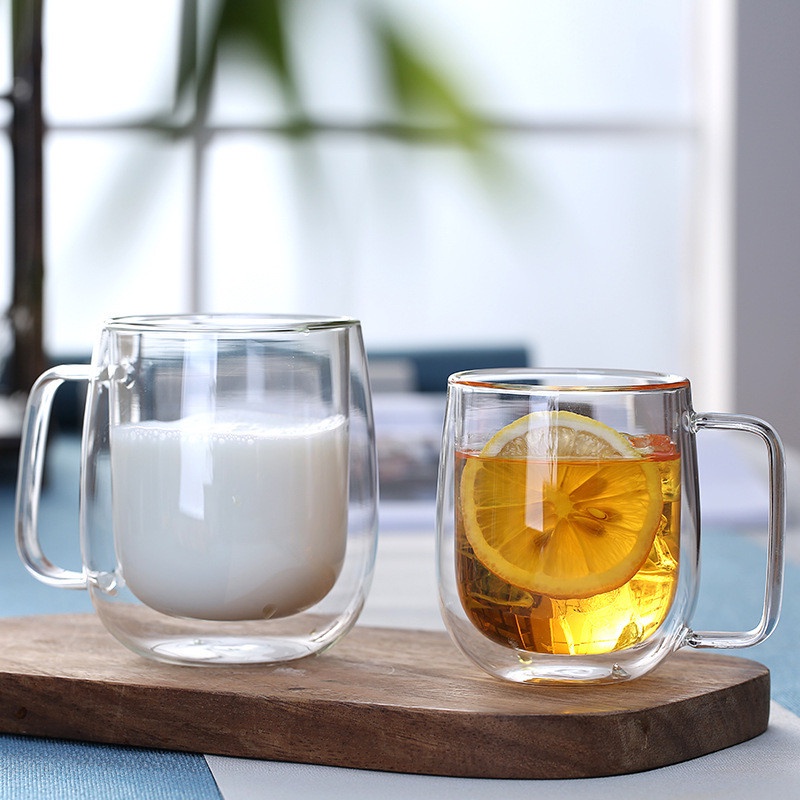 Ly cốc thủy tinh 2 lớp có tay cầm dùng uống nước, trà, cà phê