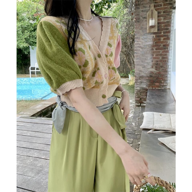 Áo Cardigan Dệt Kim Tay Ngắn Phồng Cổ Chữ V In Hoa Thời Trang Cho Nữ