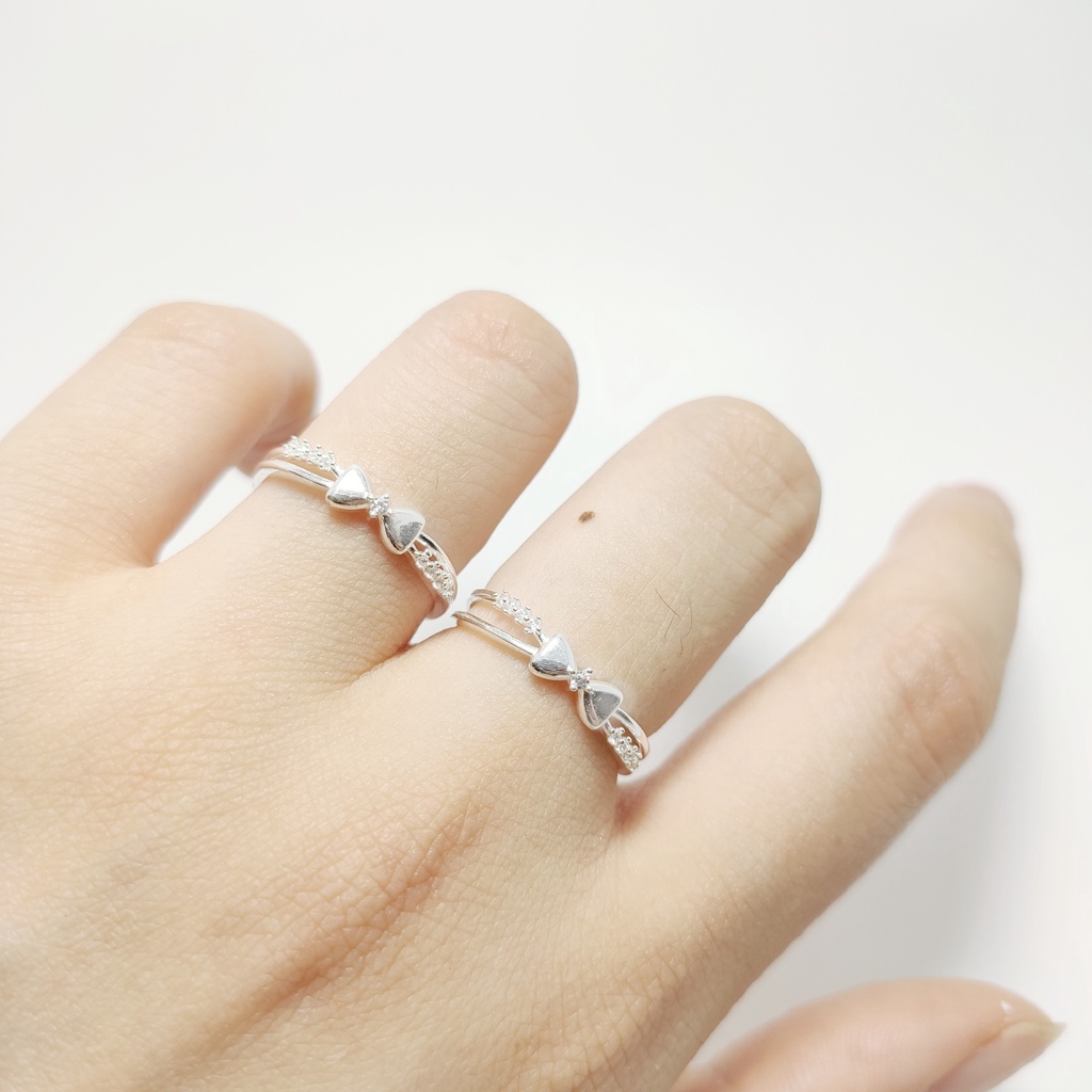 Nhẫn bạc 925 Nhẫn thiết kế mặt nơ sóng đôi tinh tế dễ thương