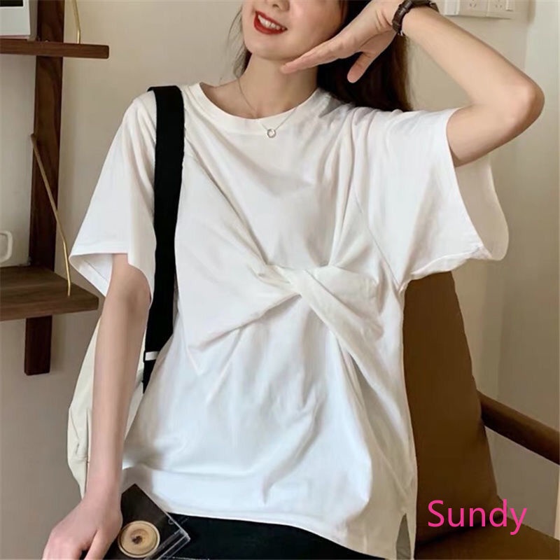 Áo Thun Cổ Tròn Dáng Rộng Màu Sắc Đơn Giản Trẻ Trung Phong Cách Hàn Quốc Cho Nữ