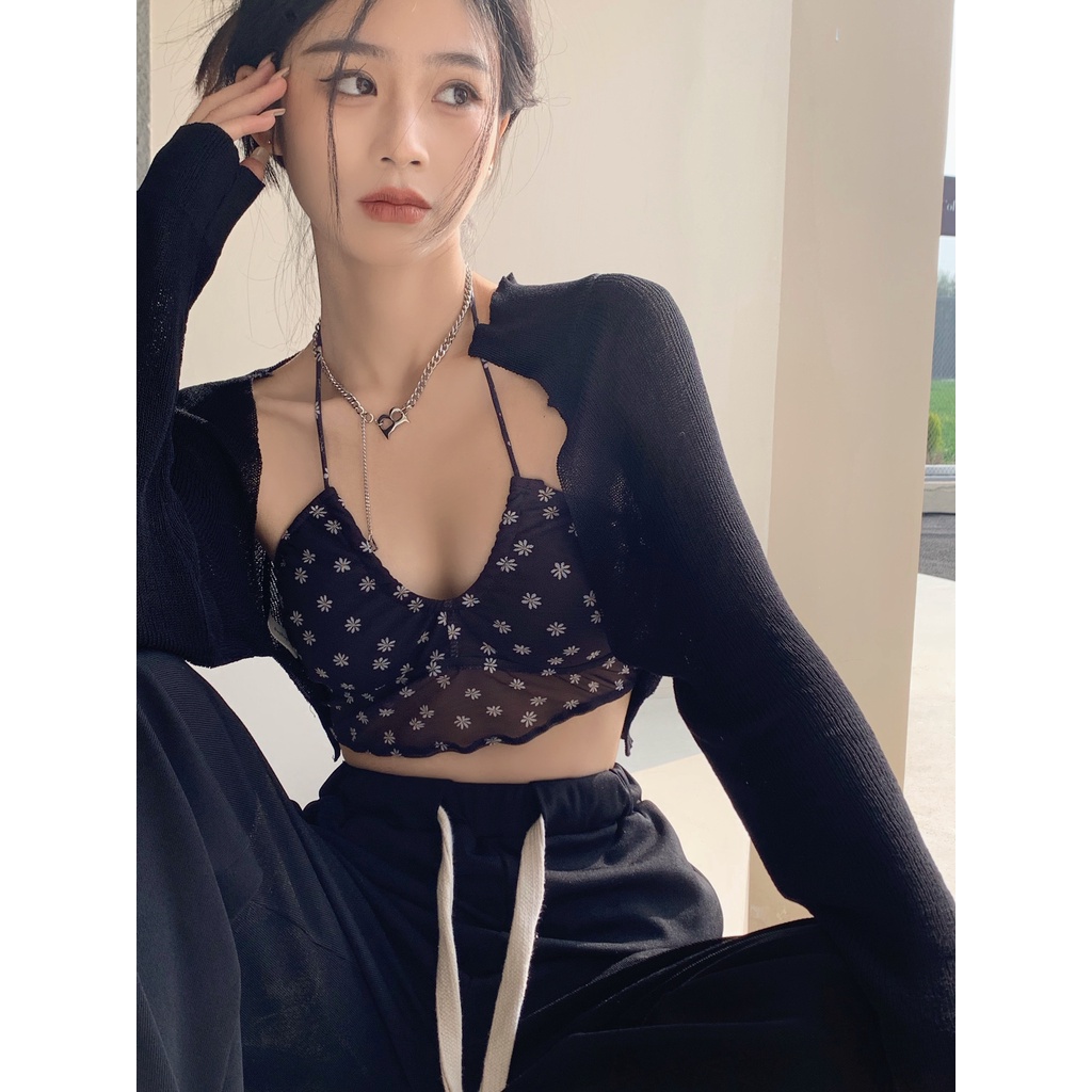 Set Áo Hai Dây Và Áo Khoác cardigan Họa Tiết Hoa Phong Cách Hàn Quốc Thời Trang Mới Cho Nữ